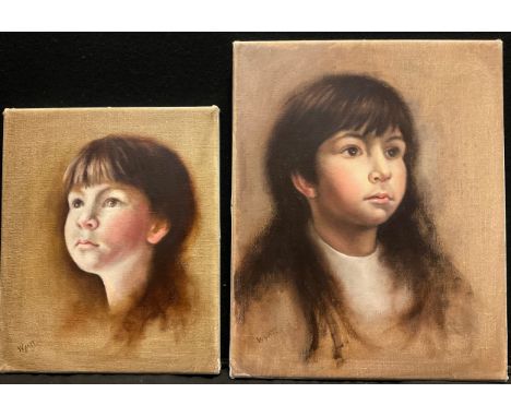 Joyce Wyatt (bn. 1940), Portrait of a young girl, signed, oil on canvas, 38cm x 30.5cm;  another similar, but smaller, 30.5cm