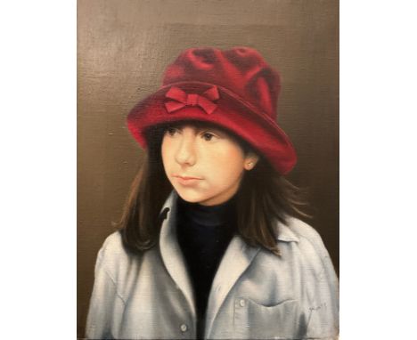 Joyce Wyatt (bn. 1940), Portrait of a girl in a Red Velvet Hat, signed, oil on canvas, 45.5cm x 35.5cm. 