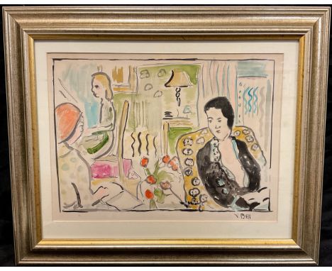 After Vanessa Bell, Interior with seated figures, bears signature, gouache, 23cm x 31cm. 