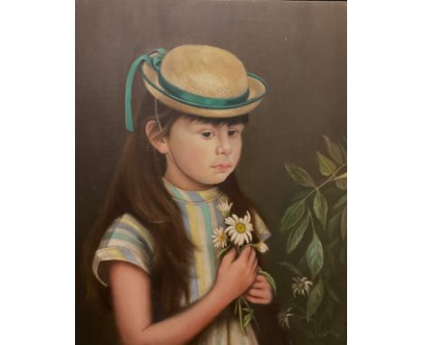 Joyce Wyatt (bn. 1940), Portrait of a young girl with posy of daisies, signed, oil on canvas, 51cm x 40.5cm. 