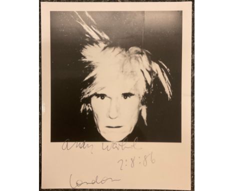 Andy Warhol - black and white self portrait, signed in pen to lower margin, dated 7/8/86, London, 25.5cm x 20.5cm. 