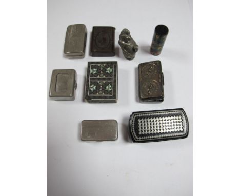 XX Century Black Lacquered Snuff Box, vulcanite and Punch vesta cases etc. 