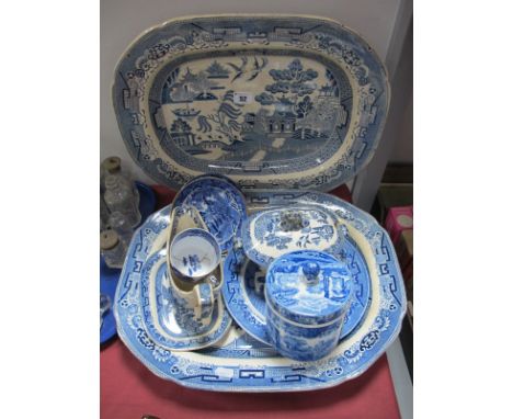 Two Blue and White Willow Pattern Meat Plates, sauce tureen and boat, Spode Italian circular lidded pot etc.