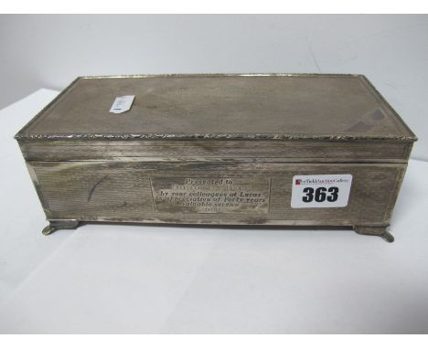 A Hallmarked Silver Cigarette Box, H Bros, Birmingham 1990, allover engine turned with presentation inscription "Presented to