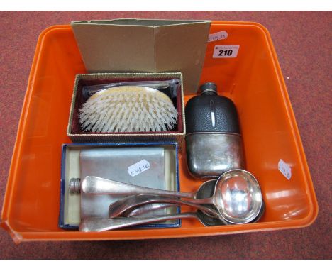 A Hallmarked Silver Mounted Brush and Comb, in original box; together with two pairs of plated spoons and two hip flasks. 