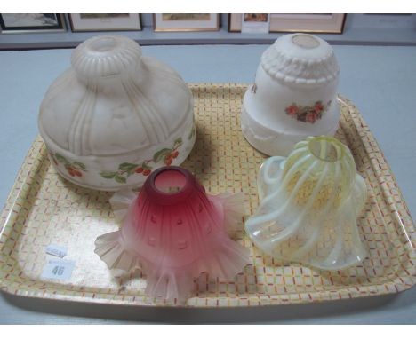 Yellow and Vaseline Twist Glass Light Shade, a cranberry tinted example and two others. (4)