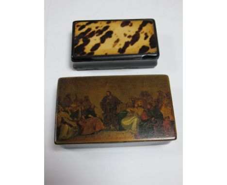 XIX Century Ebonised Snuff Box With Tortoiseshell Inset To Hinged Lid, another featuring king and advisers (2)