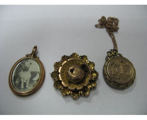 9ct Stamped Oval Locket, and brooch ( damaged ), fine chain and engraved locket.