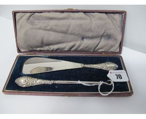 An Early XIX Century Hallmarked Silver Button Hook and Shoe Horn Set, Birmingham 1909, in fitted case.