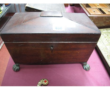 XIX Century Mahogany Sarcophagus Shaped Tea Caddy, having brass lion mask handles and paw feet (one absent).