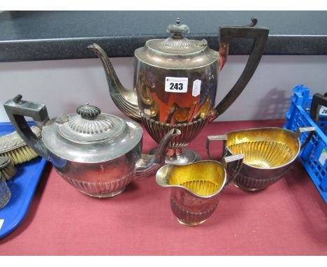 Plated Three Piece Tea Service, having gadrooned lower bodies; a similar coffee pot. (4)