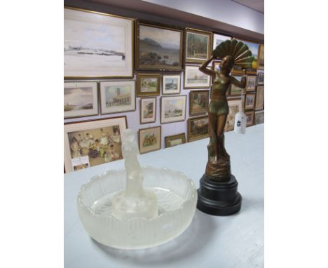 A Circa 1930's Art Deco Frosted Glass Table Centrepiece, as a seated lady, plus a similar period spelter Art Deco lady figure