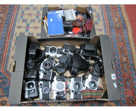 Cameras and Accessories: Praktica LTL, Praktica MTL3 (x2) LZ, Canon AV-1, Olympus Trip 35 (x2), Fujica ST-701, STX-1 etc, tog