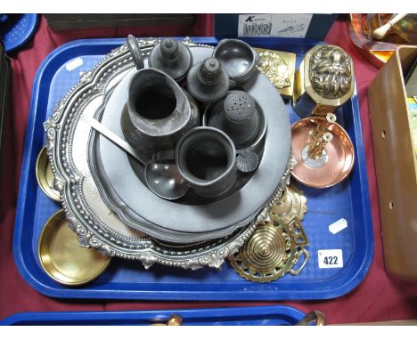 XIX Century Pewter Plates, jug, pounce pot etc, brass octagonal tobacco jar with lion mask top, brass snuff box with bulldog 