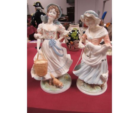 Royal Worcester Old Country Ways Figurines, 'The Milkmaid', and 'The Shepherdess' both limited edition, to 9500. 