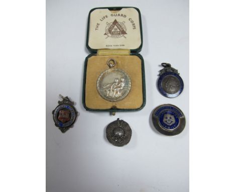 Winstanley Charity Cup 1911 Bearing Preston Lamb, Gloops, & Life guard badges all in silver. masj. Hat Brooch, swimming medal