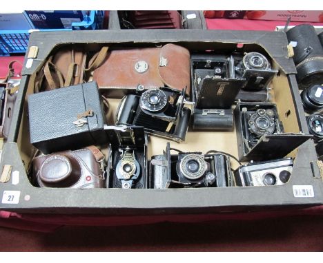 Vintage Cameras: Kompur Ideal III, Kodak Duaflex, Kodak No. 1A Pocket, Coronet, No. 2 folding automatic Brownie, Kodak box ca