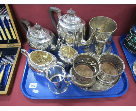 Walker & Hall Four Piece Silver Plated Tea Service, bottle stands, oval tray, tankard:- One Tray