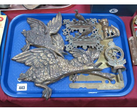 Pair of XIX Century Brass Pheasant Range Ornaments, three flying ducks, button guard etc:- One Tray