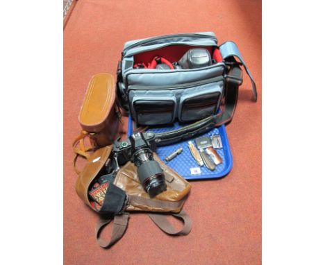 A Cased Pair of Byra 10 x 50 Binoculars, a Pentax P30 with Tokiva 70-210mm, a Pentax 50mm, Super Ozecki II f:28mm lens, fitte