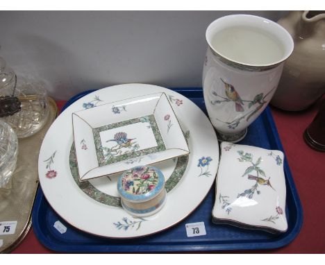 Wedgwood 'Humming Birds' Charger, vase, dish, cards in box and 'Sarah' trinket. 