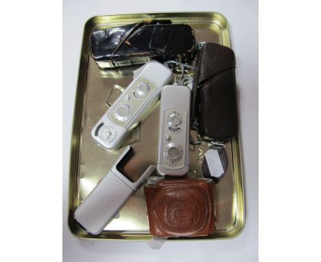 Two Cased Minox Subminiature Cameras Complan 1:3, 5 F=15mm Lens, including "B Model" light meter, Minox flash unit attachment