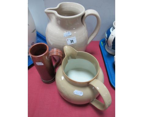 Doulton Lambeth Stoneware Pitcher, saltglazed mug with ribbed loop handle and a XIX Century pottery jug with sepia transfer p