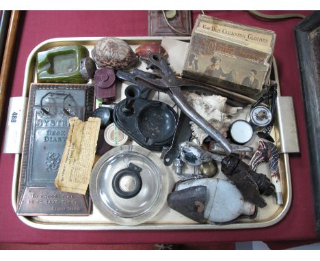 'System' Desk Diary, Carvacraft Art Deco bakelite ashtray, vest pocket cup, Platignum black bakelite desk stand etc:- One Tra