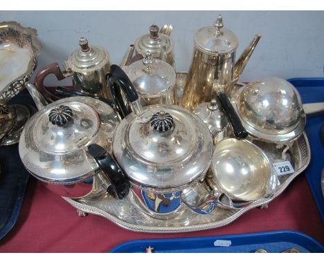 Silver Plate on Copper Four Piece Tea Service, chocolate pots, Dixon's coffee pot and water jug, jam globe, shaped tray.