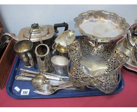 Plated Three Piece Tea Service, pierced basket and comport, silver topped glass tidy jar, cutlery etc:- One Tray 