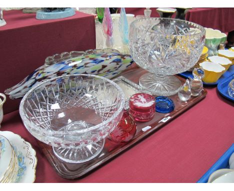 A Large Cut Lead Crystal Pedestal Bowl, star cut decoration to the bowl and foot, a marbled glass fish, cranberry jar and cov