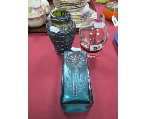 An Art Nouveau Style Blue/Green Irridescent Vase, with raised veined decoration; a Dartington kingfisher blue daisy vase and 