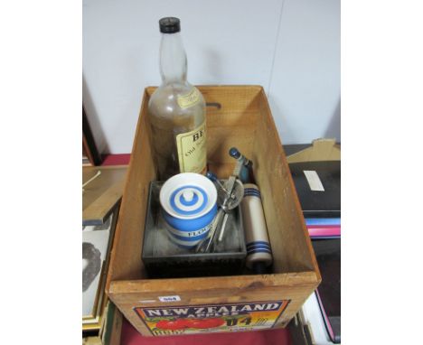 A Vintage Pine 'New Zealand' Apple box containing kitchenalia- a 'Green & Co' flour container, a Saddler blue and white ceram