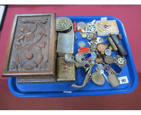 Enamel and Other Badges, trinket box, oval waist buckle, thimbles, magnifying glass, caddy spoon, carved wooden box, cockerel