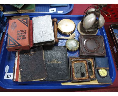 Gilt Metal and Mother of Pearl Shell Decorated Desk Bell, compact, watch, bakelite photo frame etc:- One Tray