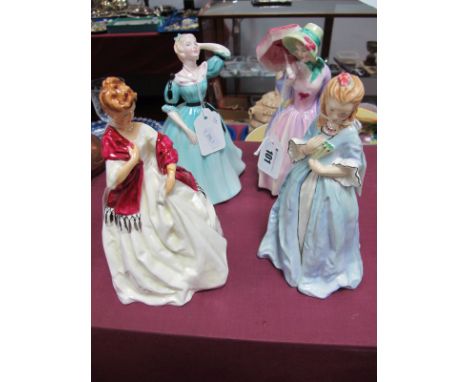 Royal Doulton Figure, "Miss Demure" HN1402, Royal Doulton figure "Celeste" HN2237, together with two Royal Worcester figures 