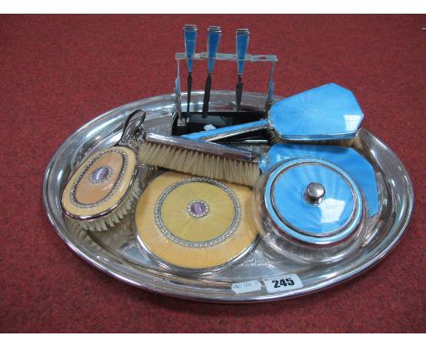 Hallmarked Silver and Blue Enamel Part Dressing Table Set, (damages), matching powder bowl, manicure stand (one piece missing