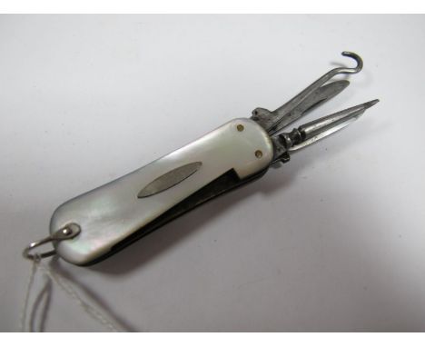 A Small Two Blade Folding Knife, with button hook, pick and mother of pearl scales. 