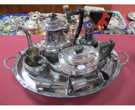 An Electroplated Four Piece Tea Service, semi lobed decoration, ebonised spur capped handles and finial, caster, twin oval ga