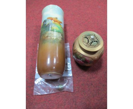 Early XX Century Royal Worcester Pot Pourri Pot, each of the four sections painted with roses, gilt highlighted pierced lid, 