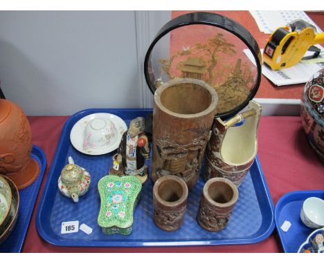 XIX Century Cantonese Small Teapot (handle repair), Satsuma pail, carved bamboo brush pots etc:- One Tray