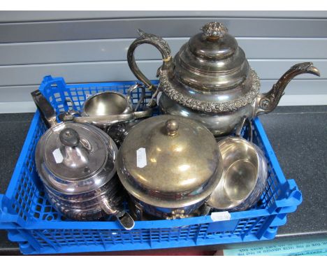 XIX Century Plated Teapot, with leaf capped scroll handle and foliate border, raised on circular pedestal base; together with