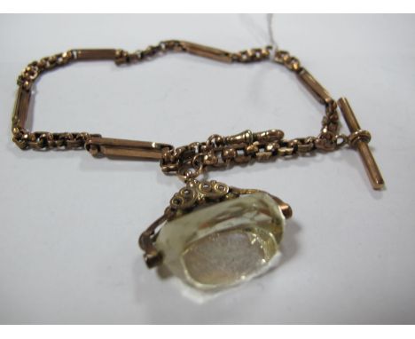 A Fancy Link Albert Chain, stamped "9c" suspending T-bar and swivel pendant. 