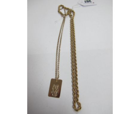 A 9ct Gold Ropetwist Chain; together with a rectangular panel pendant on a chain. 
