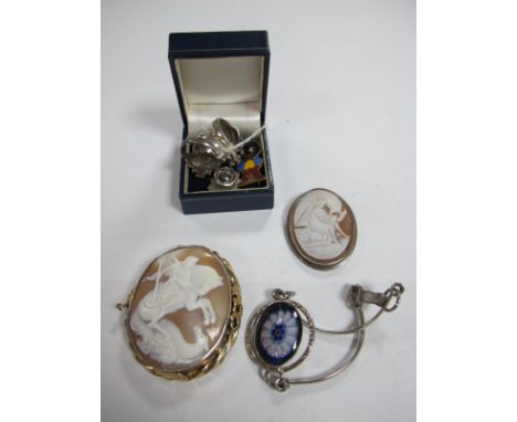 "925" and Other Rings, enamel Golly badge, large oval shell carved cameo brooch, further cameo brooch, panel bracelet etc. 