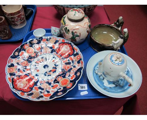 Japanese Imari Palette Plate, (damaged), blue and white Chinese bowl, teapot, a footed bowl with three figures to rim, ginger