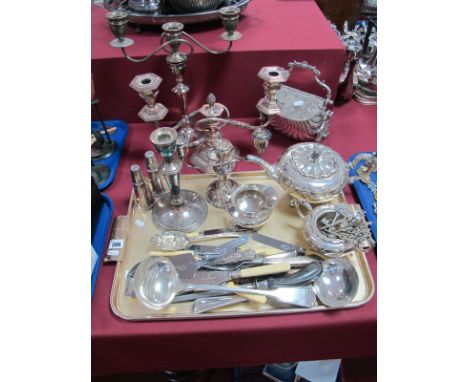 A Decorative Plated Biscuiteer, with scroll handle and feet, together with assorted cutlery, carving knife and fork, crumb sc
