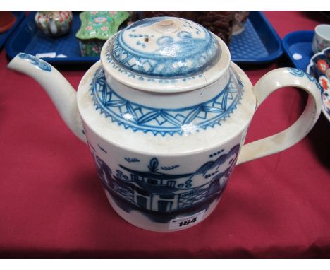 Early XIX Century Pearlware Blue and White Pottery Teapot, with concentric circles to handle (lid repaired, finial absent).