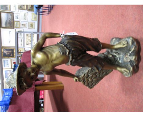 Art Deco Gilded Plaster Figure, of a boy carrying a basket looking at a butterfly on his torso- stamped 883 L.M.C PEG, 58cms 