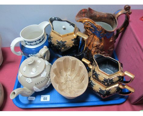 Kathleen Burguin Stoneware Teapot, jelly mould, Jasperware jug etc:- One Tray